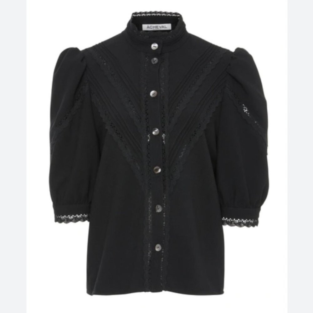 ÀCHEVAL PAMPA Yegua High Neck Puff Sleeve Blouse in Black Lace Womens MD